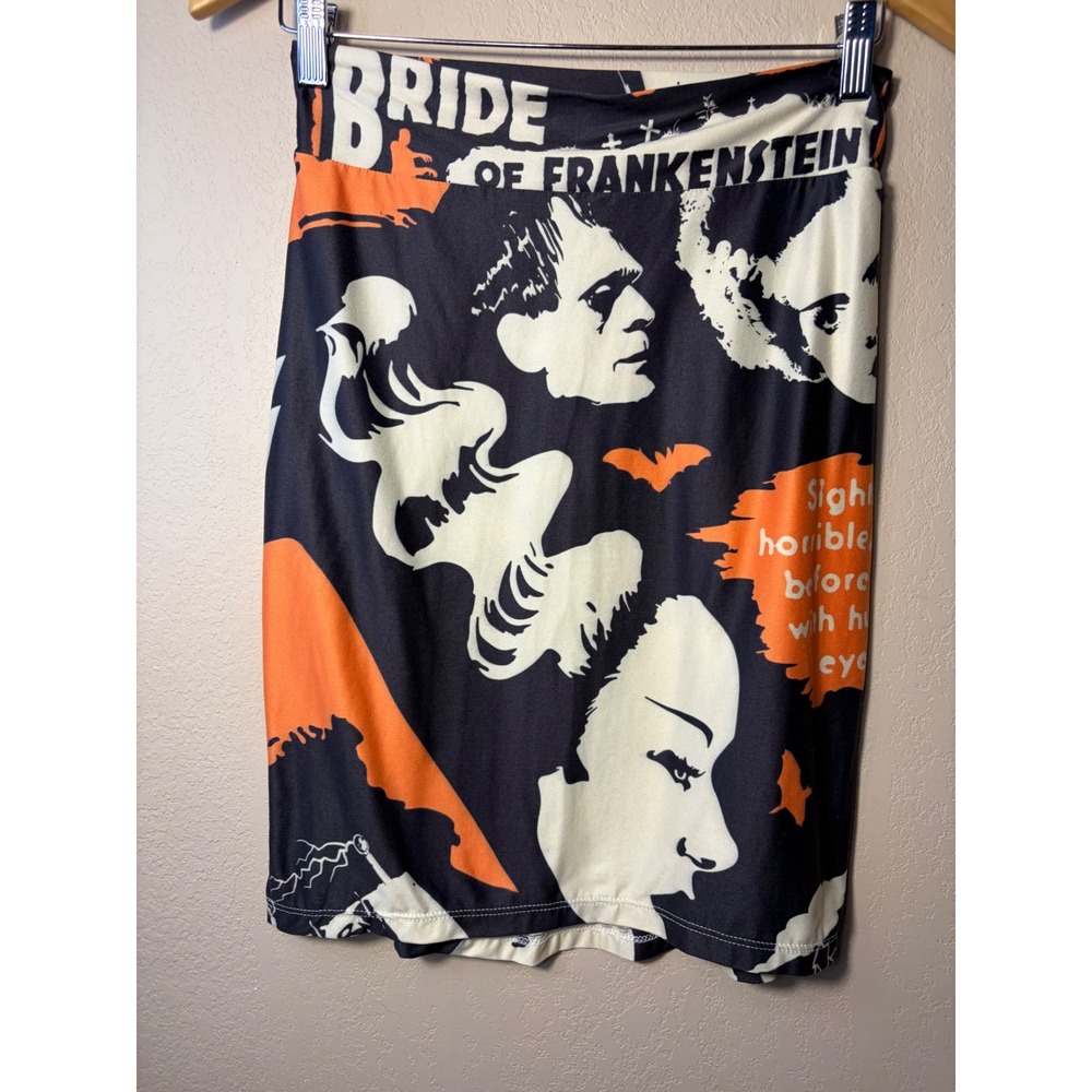 Bride of Frankenstein Graphic Print Bodycon Skirt Black Orange Medium Halloween